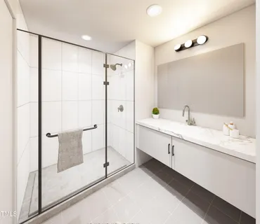 a bathroom with a double vanity sink mirror and shower