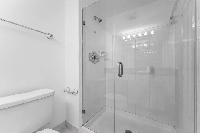 a bathroom with a shower and toilet