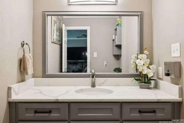 a bathroom with a sink and a mirror