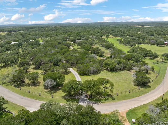 an aerial view of residential houses with outdoor space and trees