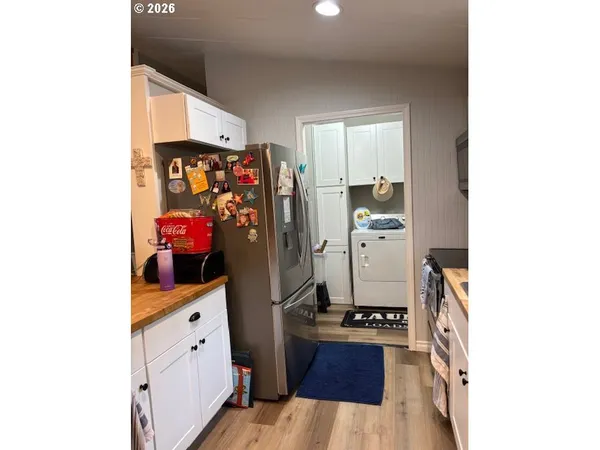 a storage room with cabinets