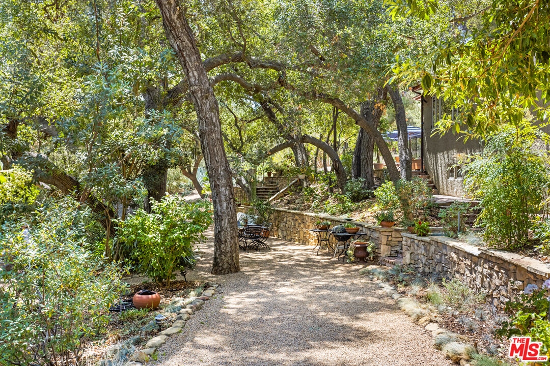 635-637 Greenleaf Canyon Road Topanga, CA 90290 - Photo 29 of 52 a view of backyard with table and chairs and large trees
