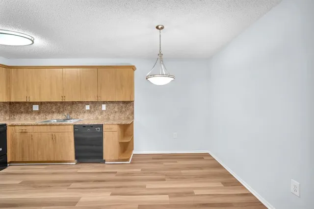 a view of a kitchen with a sink and dishwasher with wooden floor