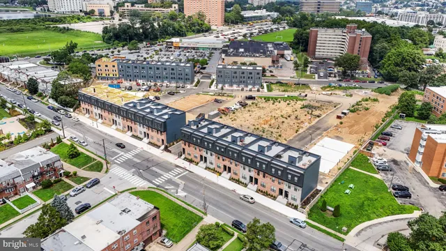 a city view with tall buildings