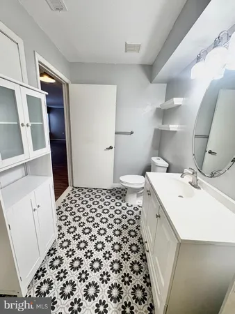 a bathroom with a sink a toilet a shower and a mirror