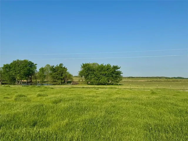 a view of a field with an ocean and trees in the background