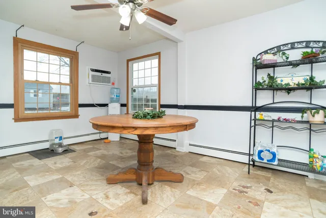 a room with table chairs and a dining table