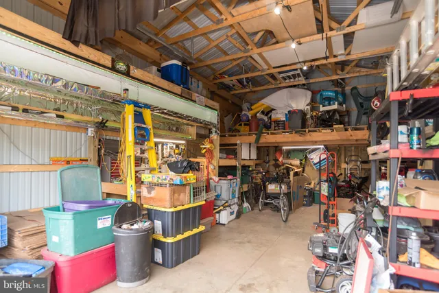 a view of a storage room with racks