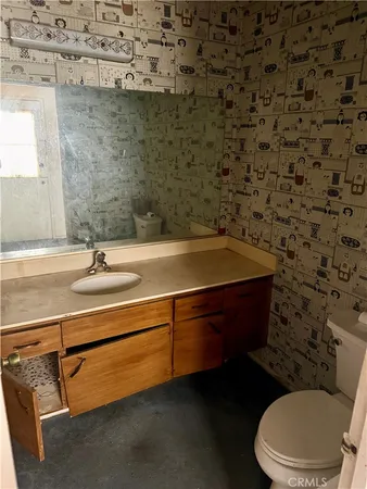 a bathroom with a sink a toilet and a mirror