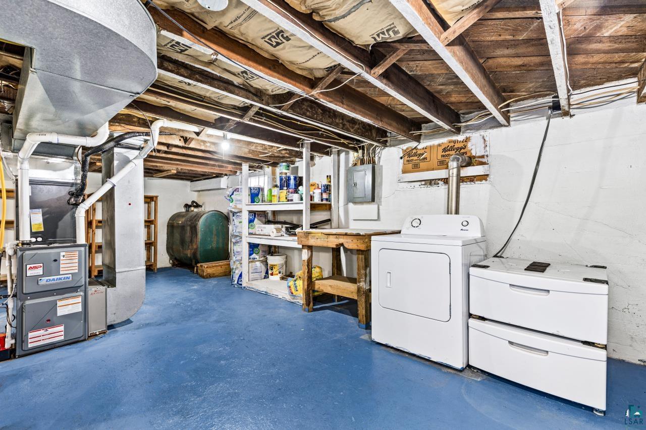607 3rd Avenue East Superior, WI 54880 - Photo 27 of 41 Unfinished below grade area featuring washer / clothes dryer, oil tank, heating unit, and electric panel