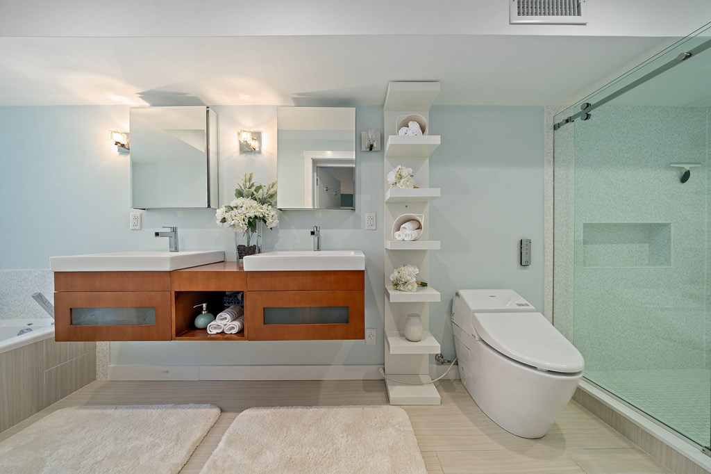 23 Claflin Road, Unit 1 Brookline, MA 02445 - Photo 22 of 41 a bathroom with a sink a toilet and a mirror