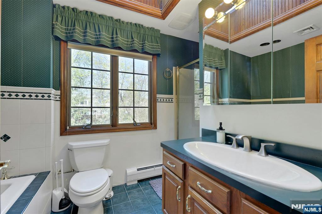 1280 Sussex Road Teaneck, NJ 07666 - Photo 23 of 36 a bathroom with a granite countertop sink toilet a mirror and shower