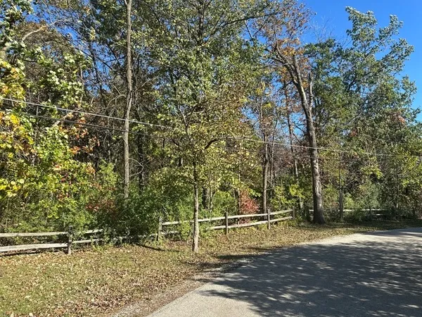 a view of a field with trees in the background