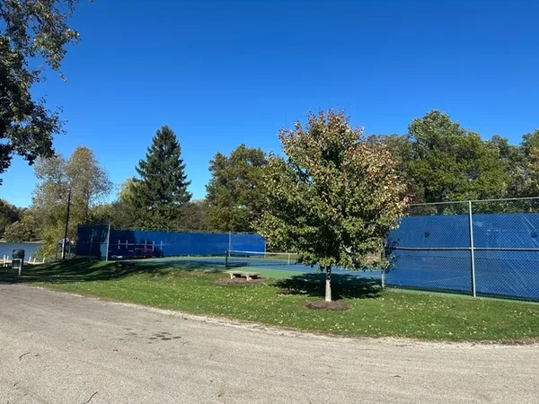 a view of backyard with barn and large trees