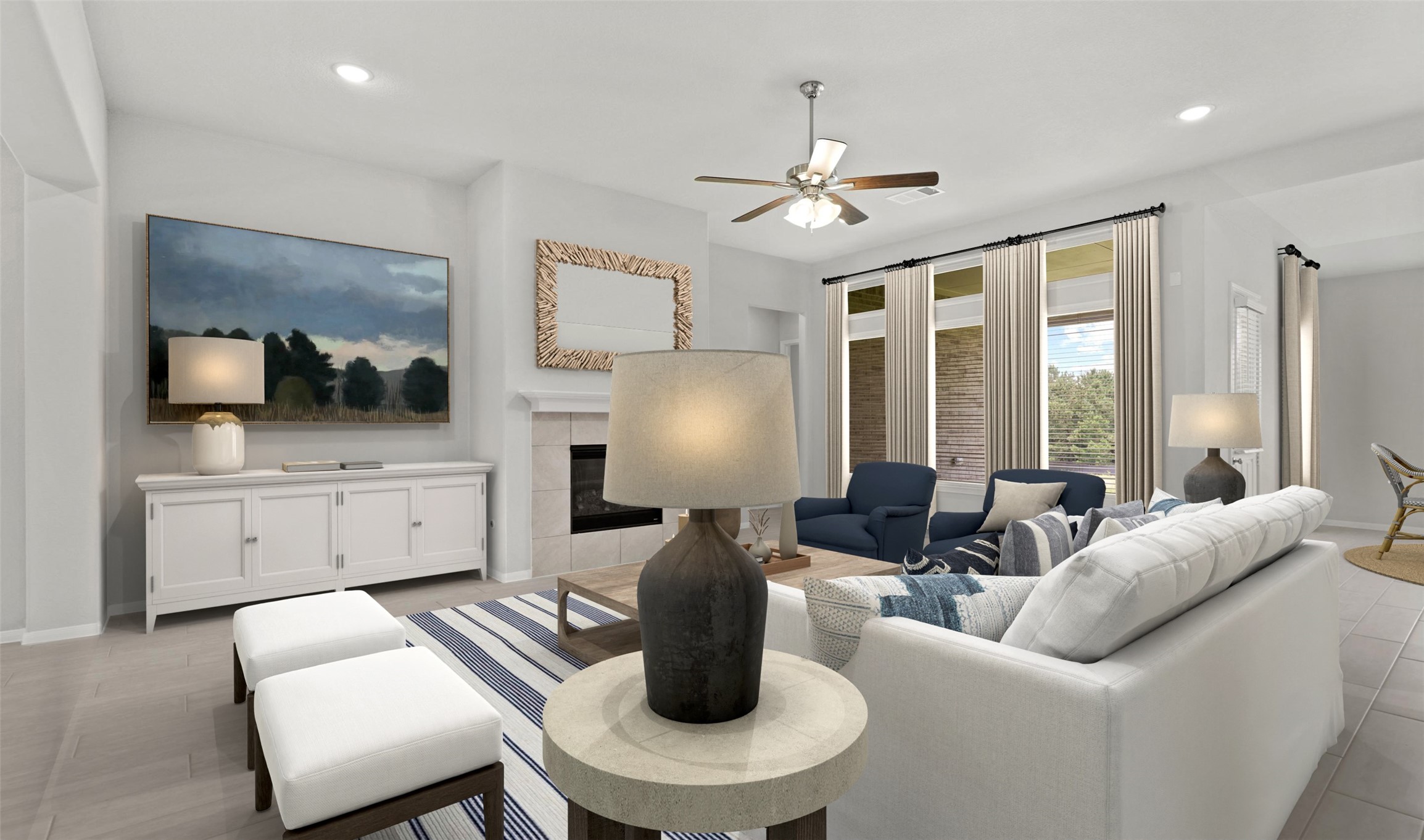 6715 Allens Landing Needville, TX 77461 - Photo 26 of 40 a living room with furniture a chandelier and a flat screen tv