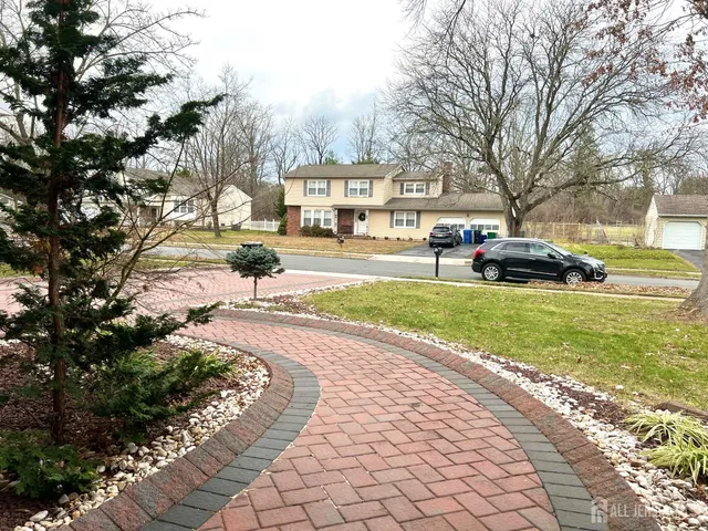 a view of a park with large trees