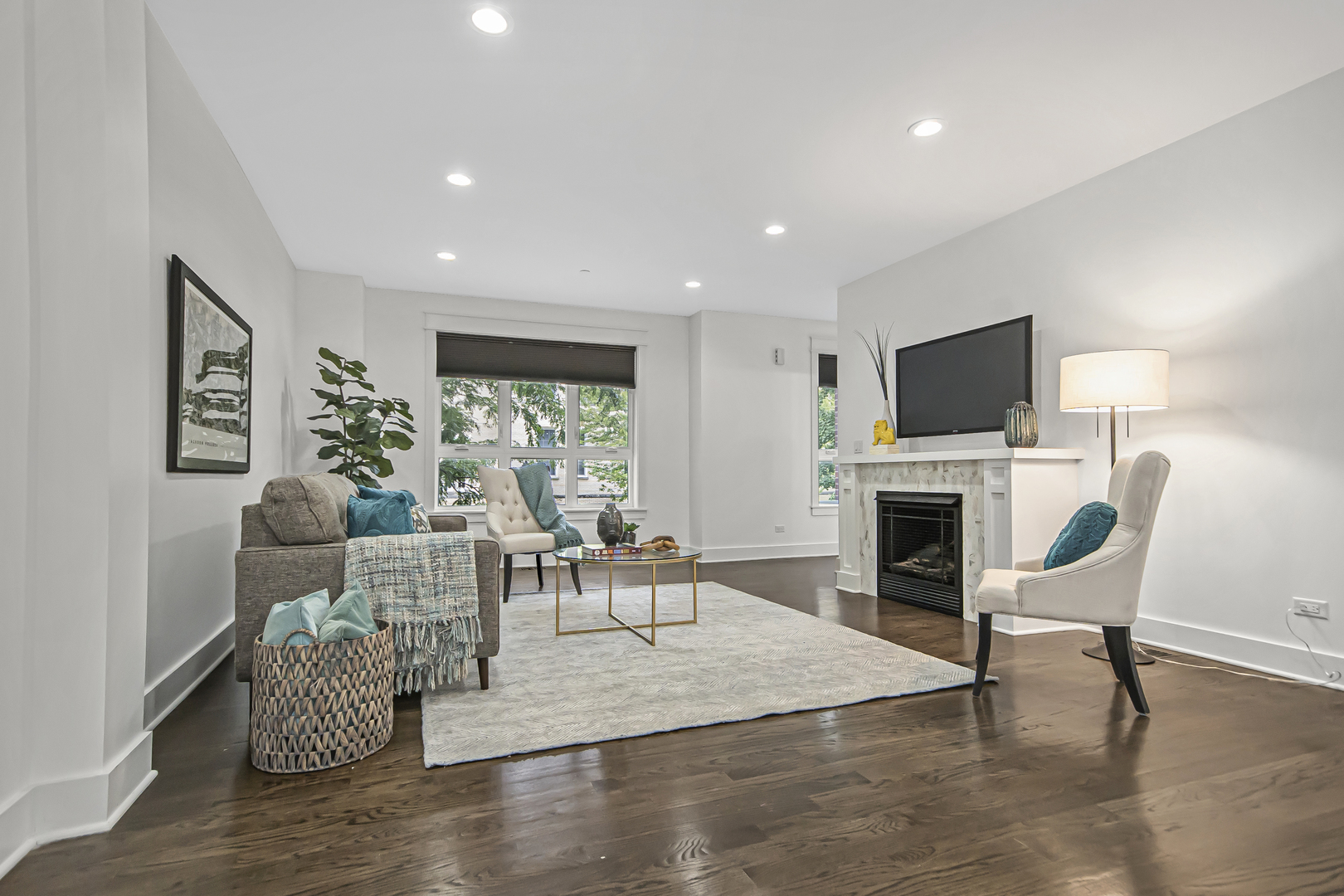 8146 Lincoln Avenue Skokie, IL 60077 - Photo 4 of 25 a living room with furniture a fireplace and a flat screen tv