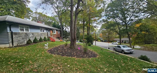 a view of a backyard with table and chairs and a large tree