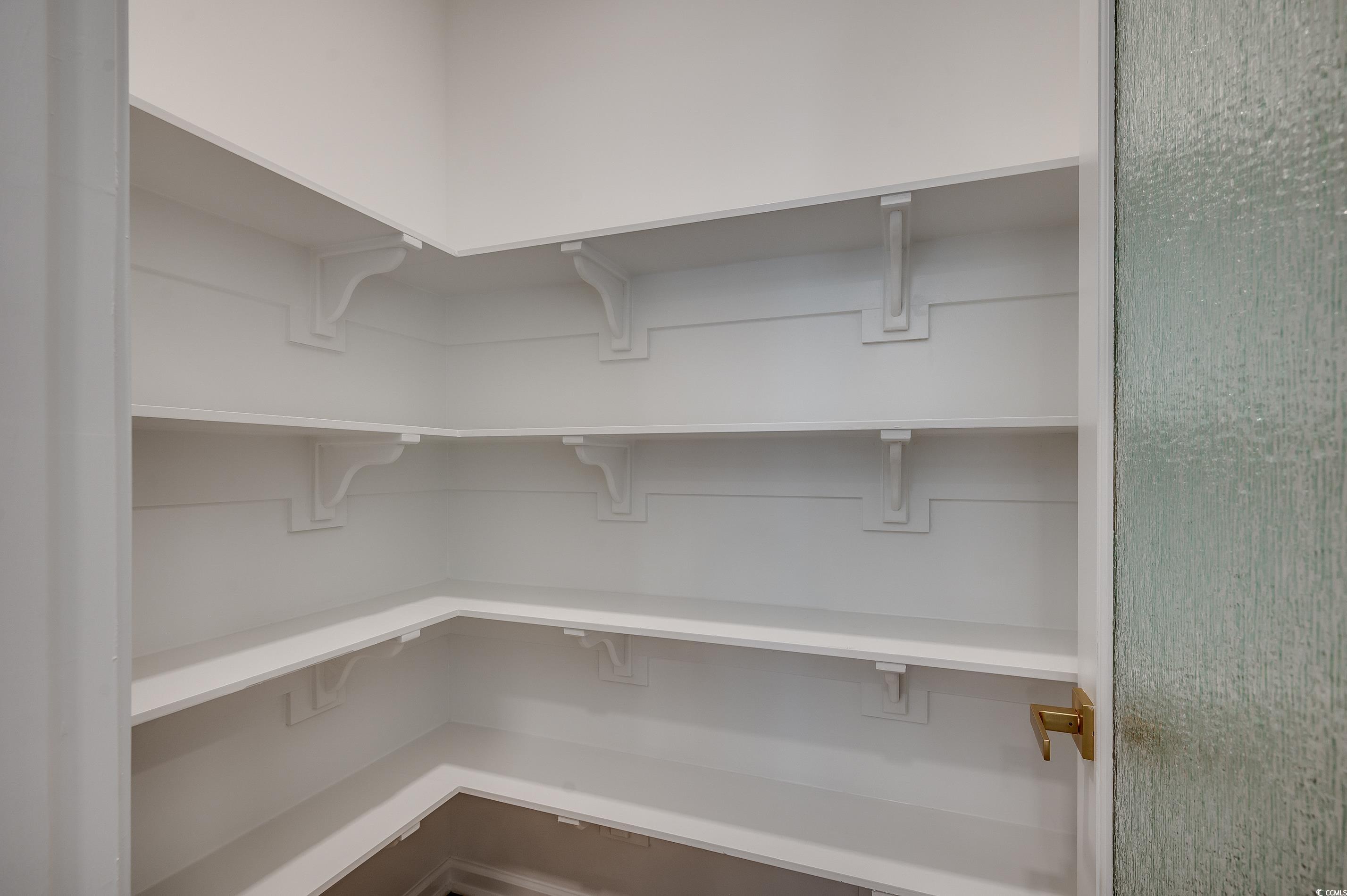 25 Northbrook Drive Murrells Inlet, SC 29576 - Photo 17 of 39 View of storage area with wooden shelves and an icicle glass pantry door