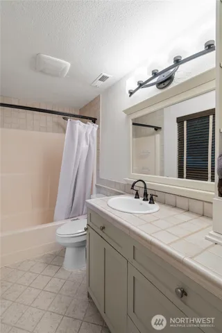 a bathroom with a toilet a sink a tub and mirror
