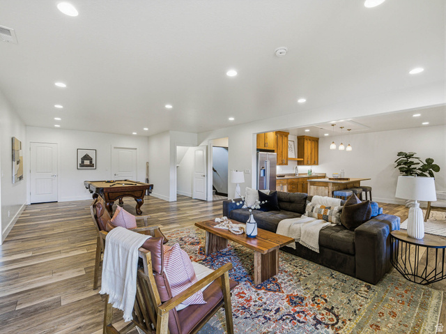402 Shadow Hill Road Wanship, UT 84017 - Photo 42 of 90 Living area with billiards, light wood-style flooring, and recessed lighting