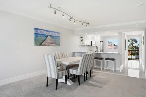 a view of a dining room with furniture