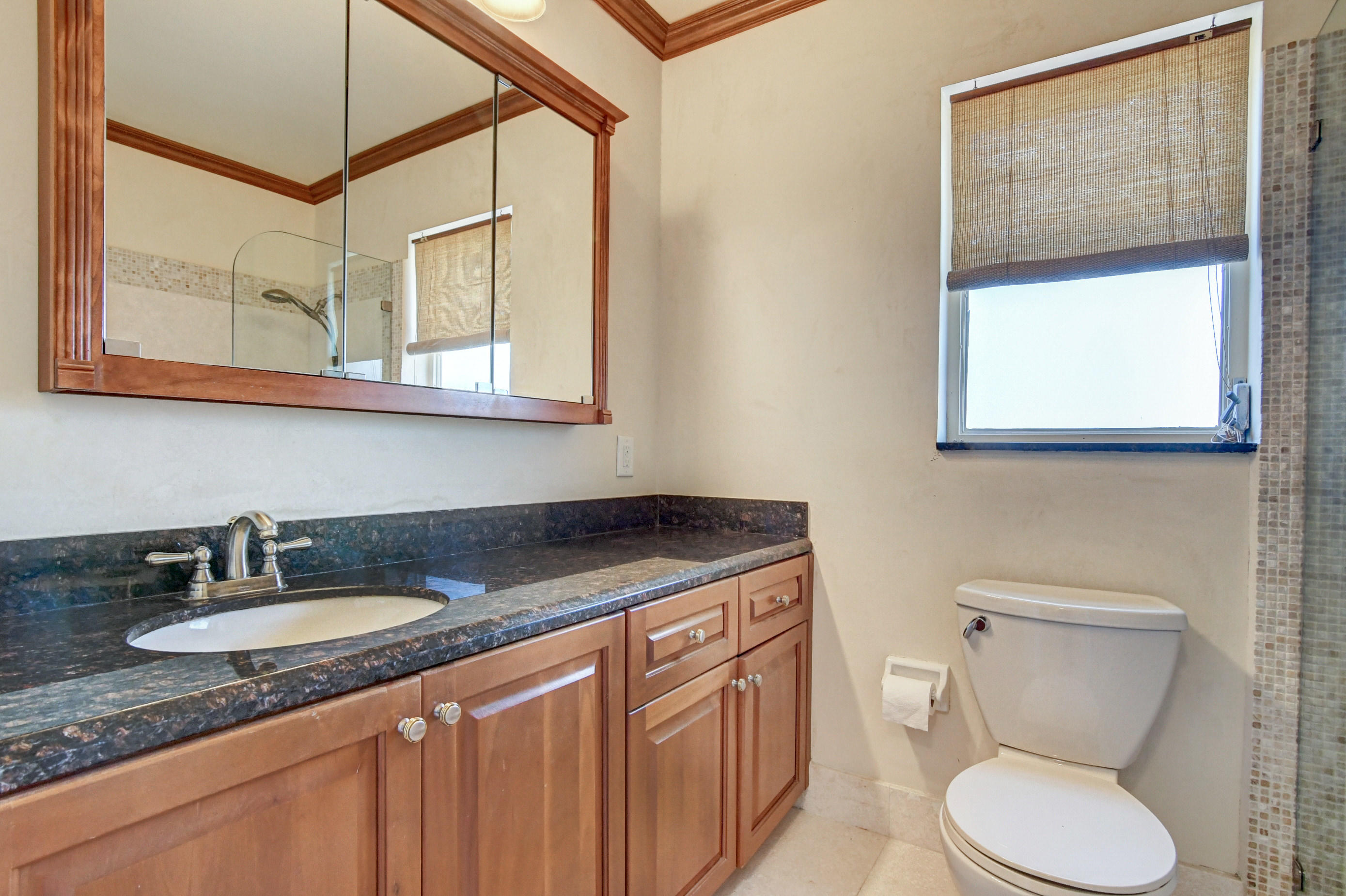 1720 Southwest 9th Street Boca Raton, FL 33486 - Photo 52 of 75 a bathroom with a granite countertop sink a toilet and a mirror