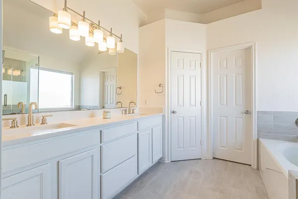 a bathroom with a double vanity sink mirror and bathtub