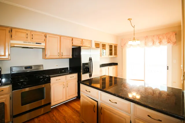 a kitchen with stainless steel appliances granite countertop a sink a stove and refrigerator