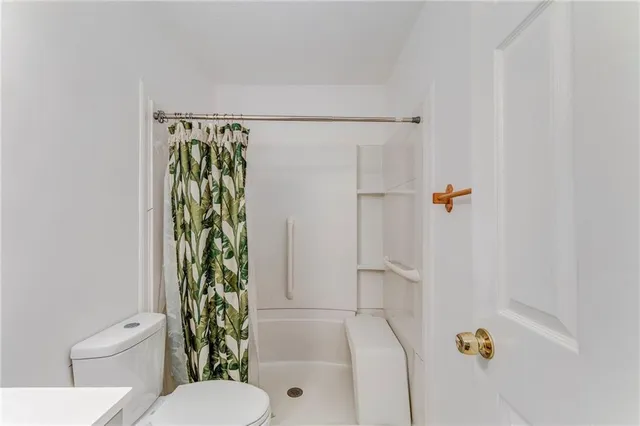 a bathroom with a shower and a toilet