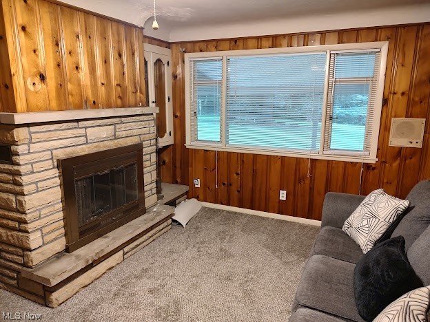 6542 Fairgrounds Road Painesville, OH 44077 - Photo 12 of 26 Carpeted Family
room with wood walls and a fireplace