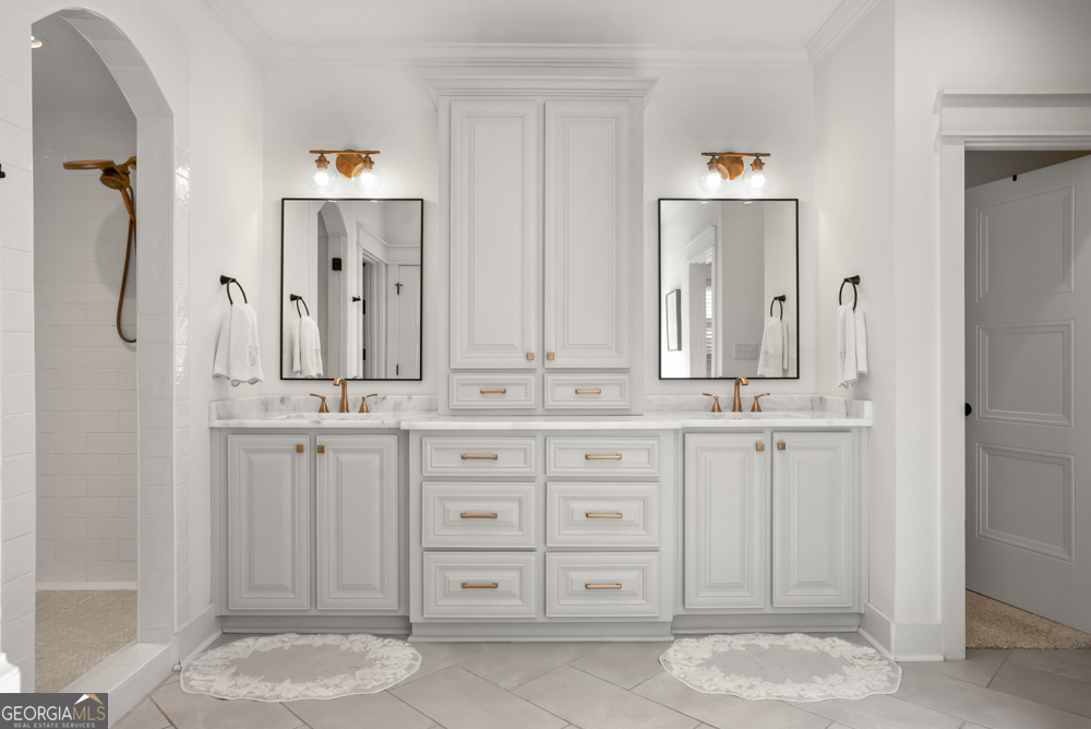 206 Altamaha Way Bonaire, GA 31005 - Photo 30 of 51 a bathroom with a sink vanity granite tub shower and a mirror