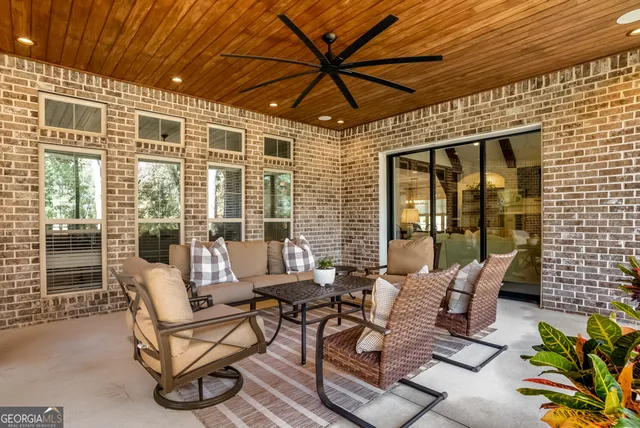 a building outdoor space with patio furniture