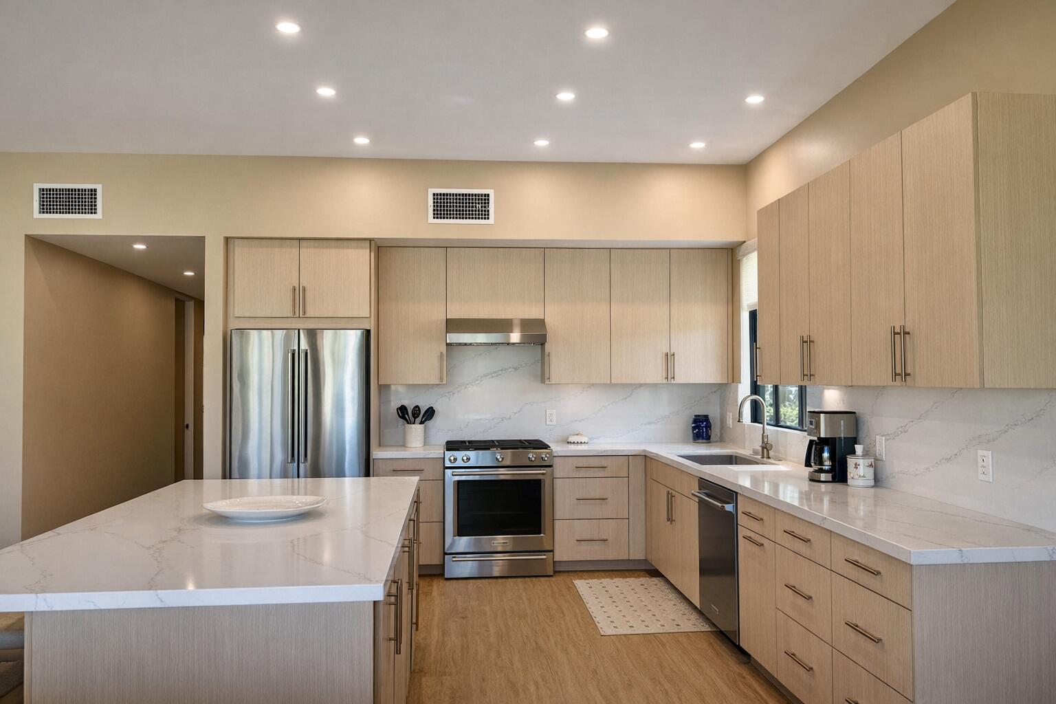 45565 Pima Road Indian Wells, CA 92210 - Photo 10 of 30 a kitchen with stainless steel appliances a refrigerator sink and white cabinets
