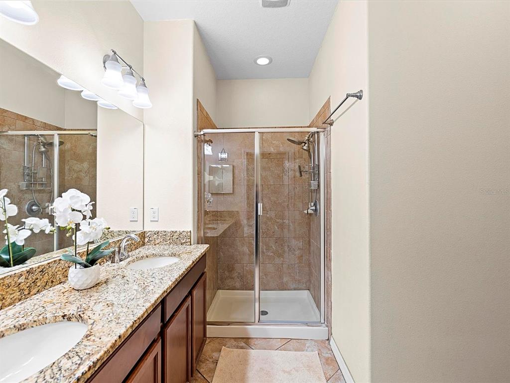 1716 Hadden Hall Place Trinity, FL 34655 - Photo 21 of 75 a bathroom with a granite countertop sink a mirror and a shower