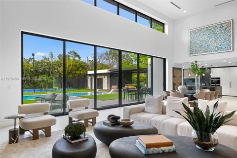 a living room with furniture and white walls