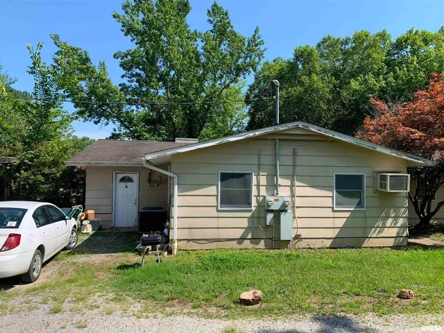 a view of a yard in front of a house with plants and large tree