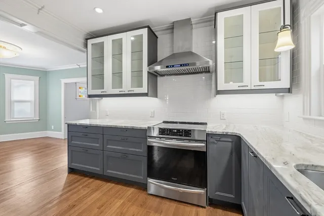 a kitchen with granite countertop a stove a sink and a microwave