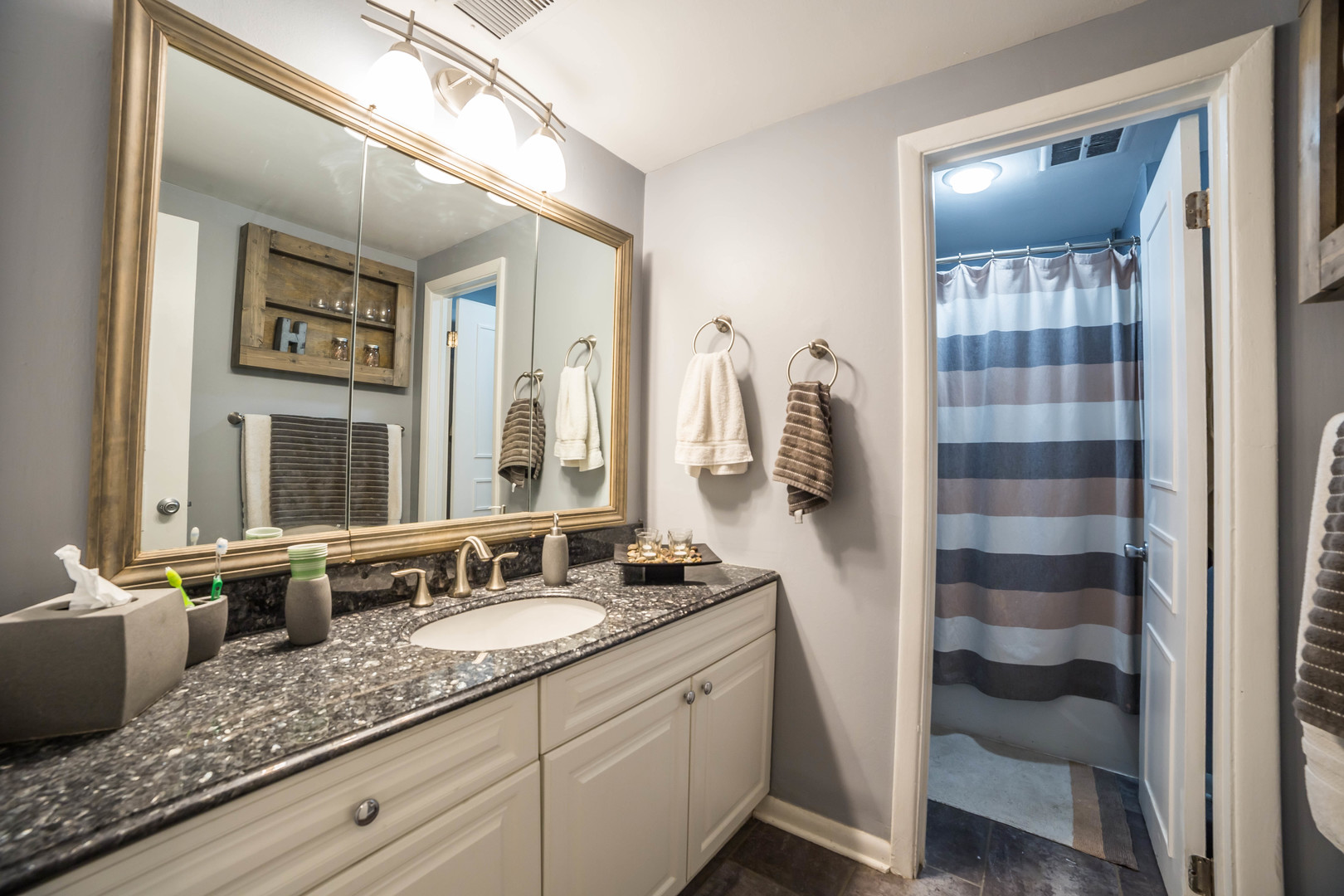 2912 North Halsted Street, Unit G Chicago, IL 60657 - Photo 6 of 11 a bathroom with a granite countertop sink a mirror and shower