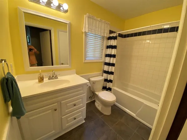 a bathroom with a sink a toilet a mirror and shower