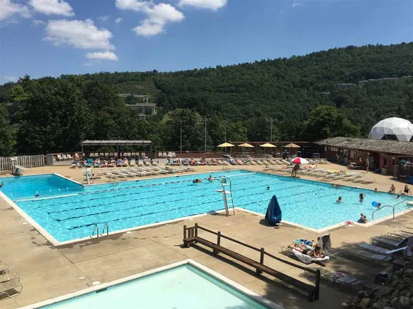 a view of a swimming pool with a yard and mountain view