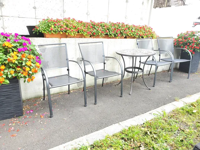 a view of a lake with a bench and trees in the background