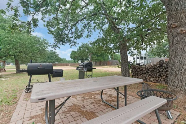 a view of a backyard with table and chairs