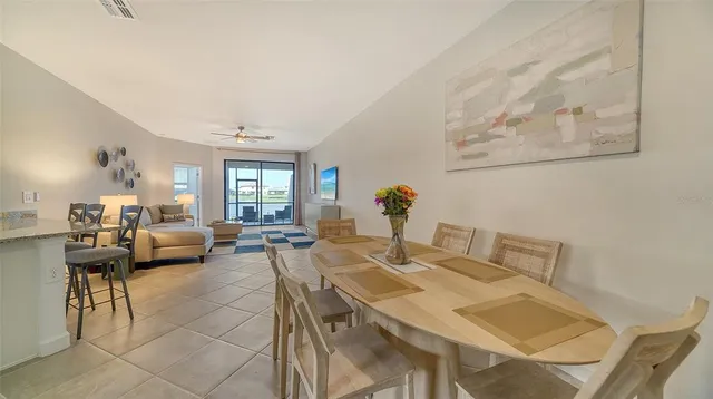 a view of a dining room with furniture
