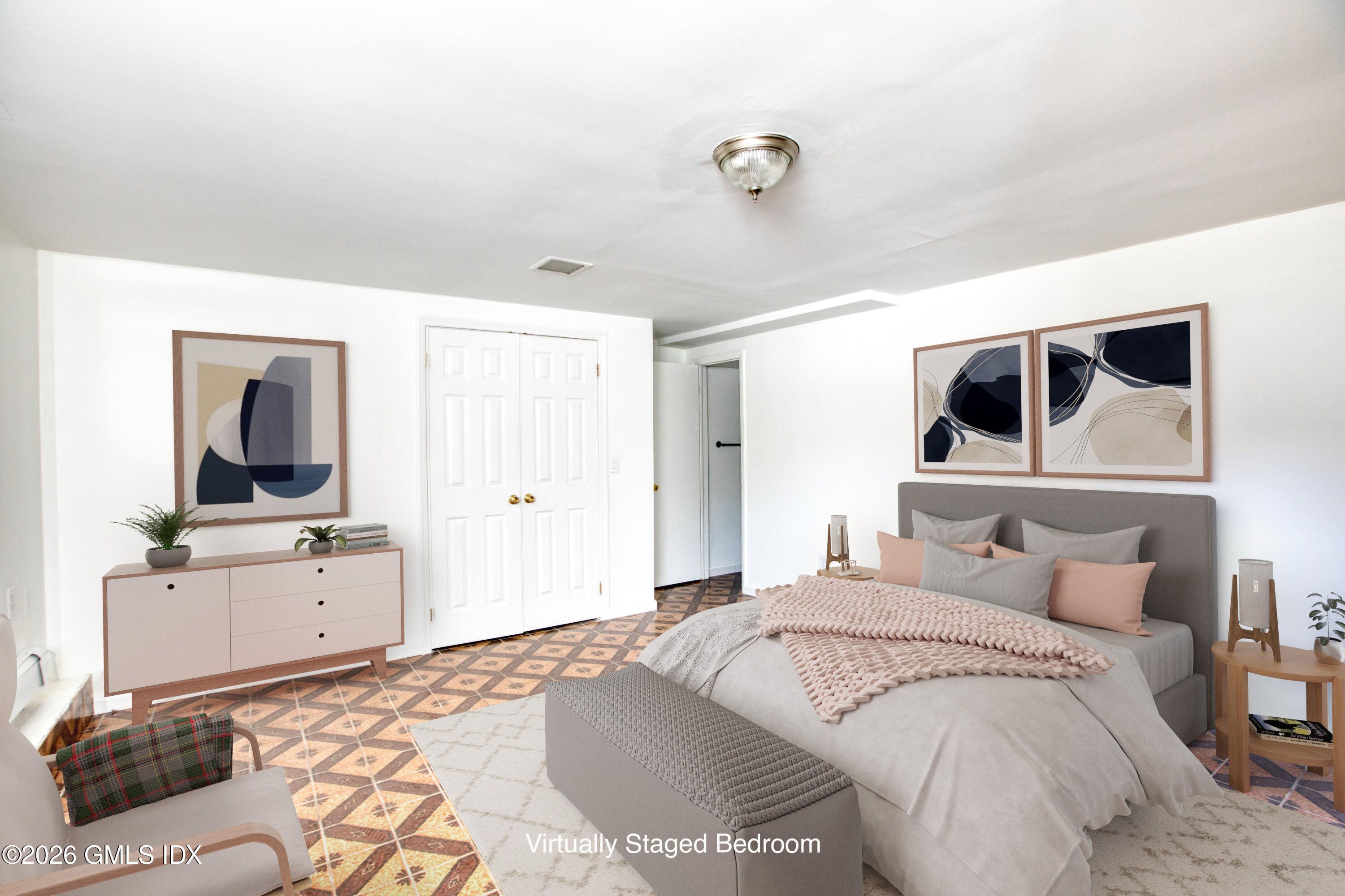 25 Alexander Street, Unit B Greenwich, CT 06830 - Photo 14 of 26 a bedroom with a large bed and a flat tv screen