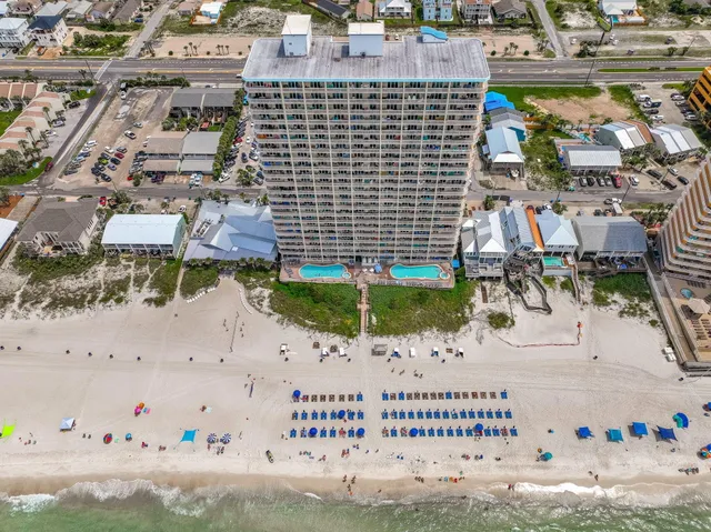 a city view with tall buildings