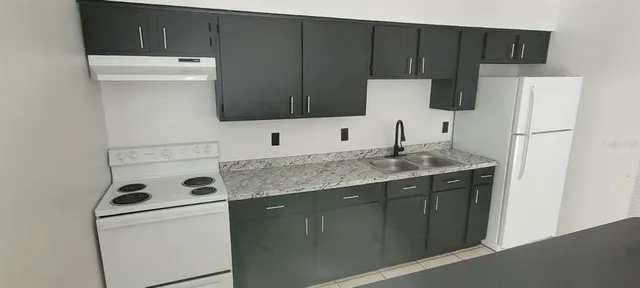a kitchen with a sink a stove and refrigerator