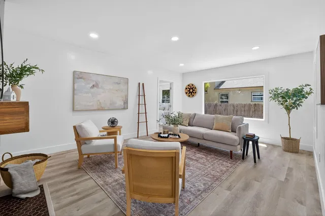 a living room with furniture and a potted plant