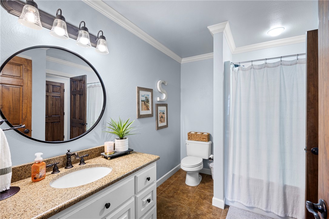 788 Cliff Road Russellville, AR 72802 - Photo 35 of 60 Full bath featuring vanity, a shower with shower curtain, ornamental molding, and dark tile patterned floors