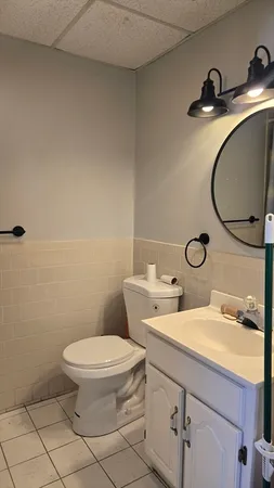 a bathroom with a sink mirror and toilet